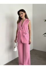 Kadın Kemer Detaylı Yelek Takım Pembe - M