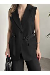 Kadın Kemer Detaylı Yelek Takım Siyah - L