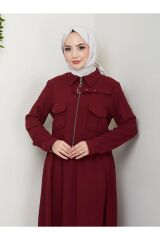 Kadın Fermuarlı Yaka Kemer Detaylı Etekli Takım Bordo - 44