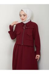 Kadın Fermuarlı Yaka Kemer Detaylı Etekli Takım Bordo - 48