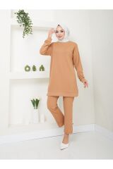 Kadın Fitilli Kumaş İkili Tesettür Takım Bej - 2XL