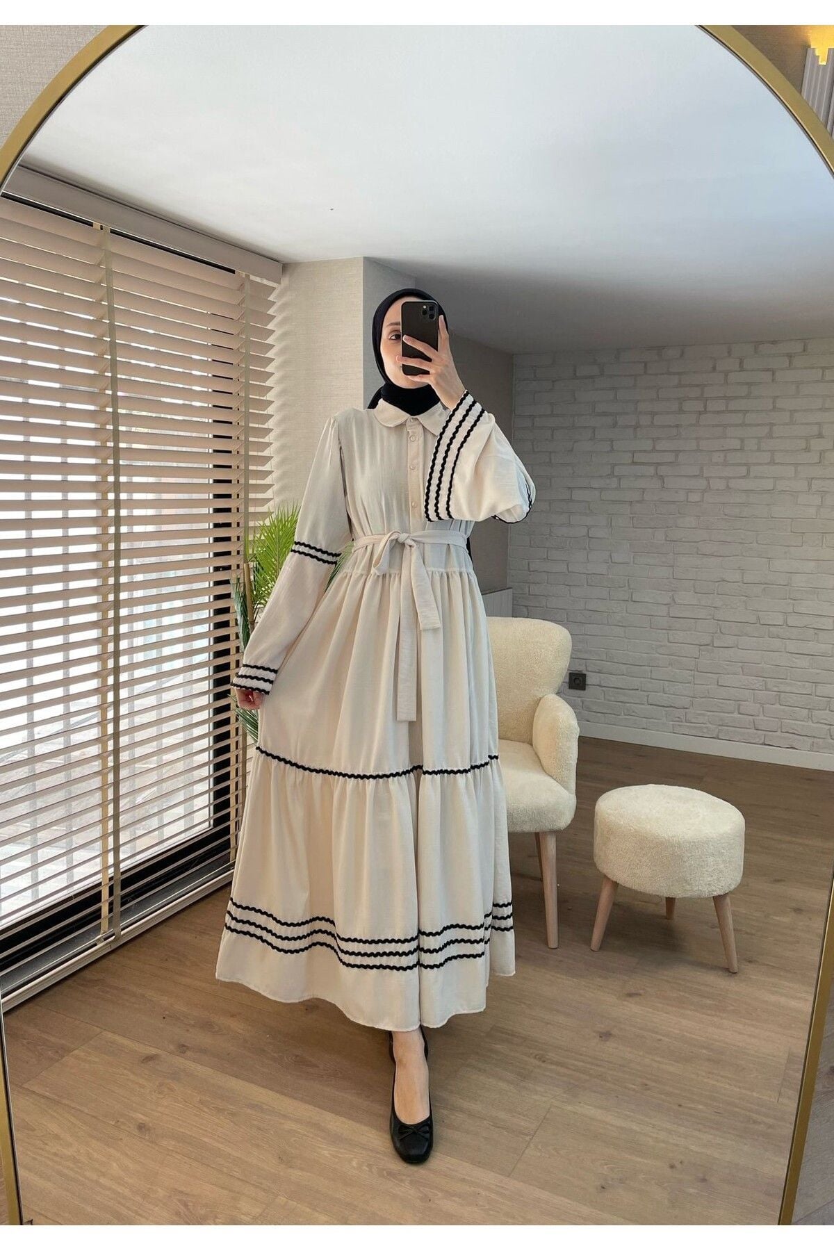 Kadın Gömlek Yaka Nakışlı Keten Elbise