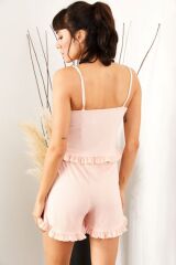 Kadın Siyah Askılı Fırfırlı Pijama Takımı