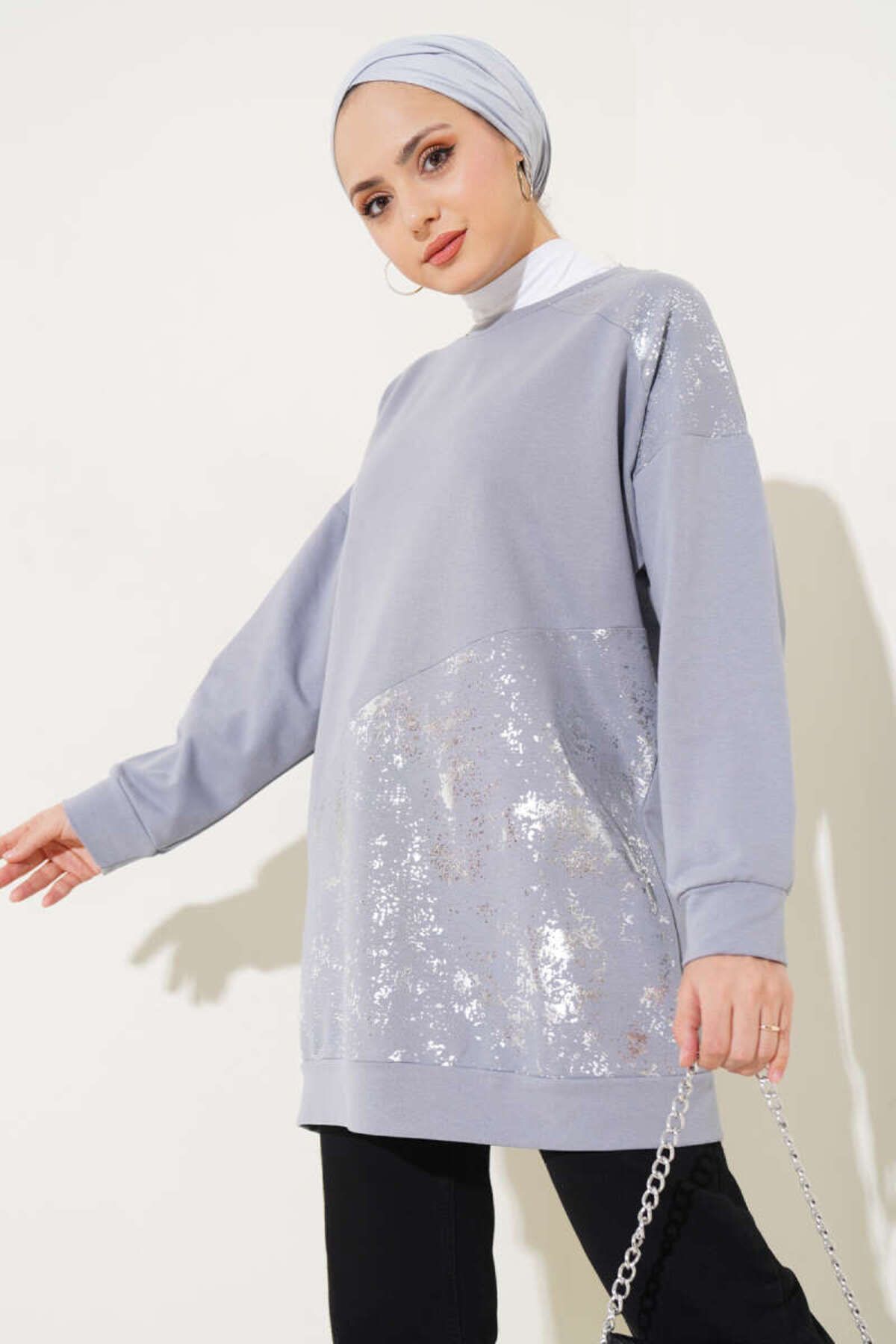 Kadın Varak Detaylı Tunik Gri - L/XL