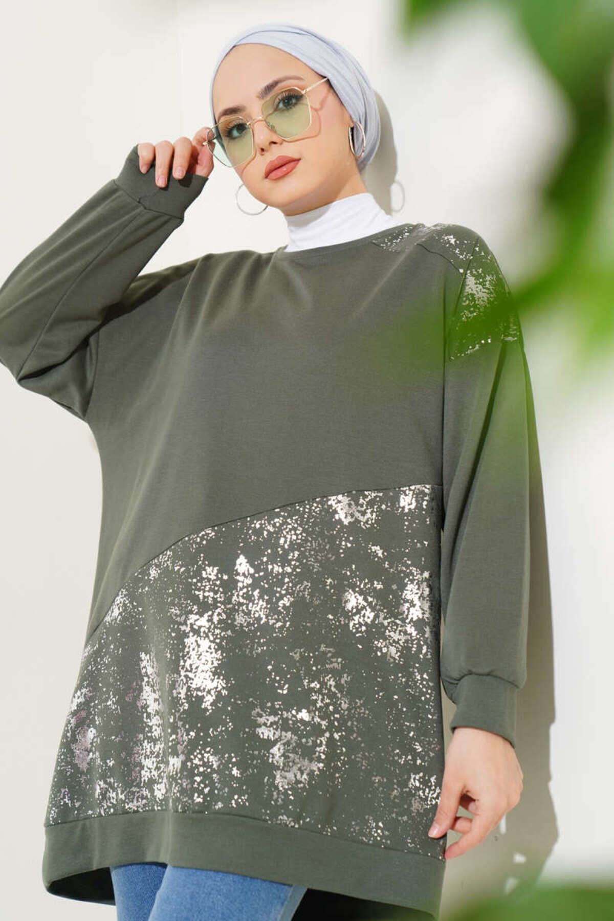 Kadın Varak Detaylı Tunik Haki - L/XL