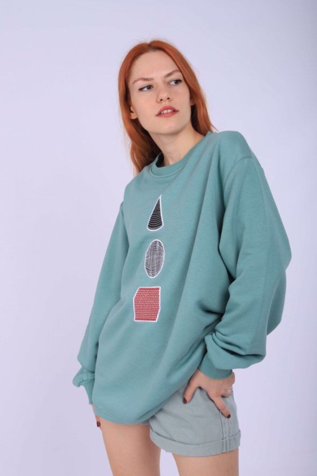 Beyaz Shapes Nakışlı Sweatshirt mint - L
