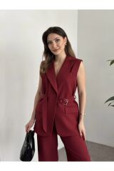 Kadın Kemer Detaylı Yelek Takım Bordo - L