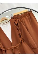 Kadın Nilüfer Fırfırlı Klasik İkili Takım Kahverengi - 2XL
