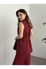 Kadın Kemer Detaylı Yelek Takım Bordo - M