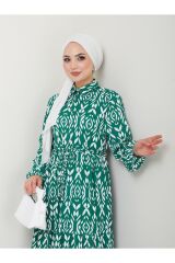 Kadın Desenli Gömlek Yaka Bel Büzgülü Tesettür Elbise Yeşil - 2XL