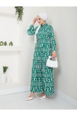 Kadın Desenli Gömlek Yaka Bel Büzgülü Tesettür Elbise Yeşil - 2XL