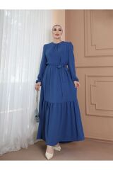 Yakası Büzgü Detaylı Ayrobin Kuşaklı Elbise Mavi - M
