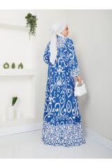 Kadın Viskon Desenli Tesettür Elbise Mavi - 2XL