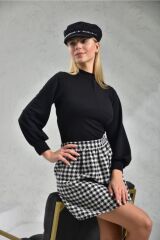 Ekose Desenli Beli Lastikli Mini Etek