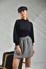 Ekose Desenli Beli Lastikli Mini Etek