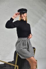 Ekose Desenli Beli Lastikli Mini Etek