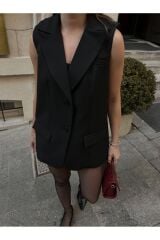 Kadın Kapaklı Astarlı Blazer Yelek Siyah - L