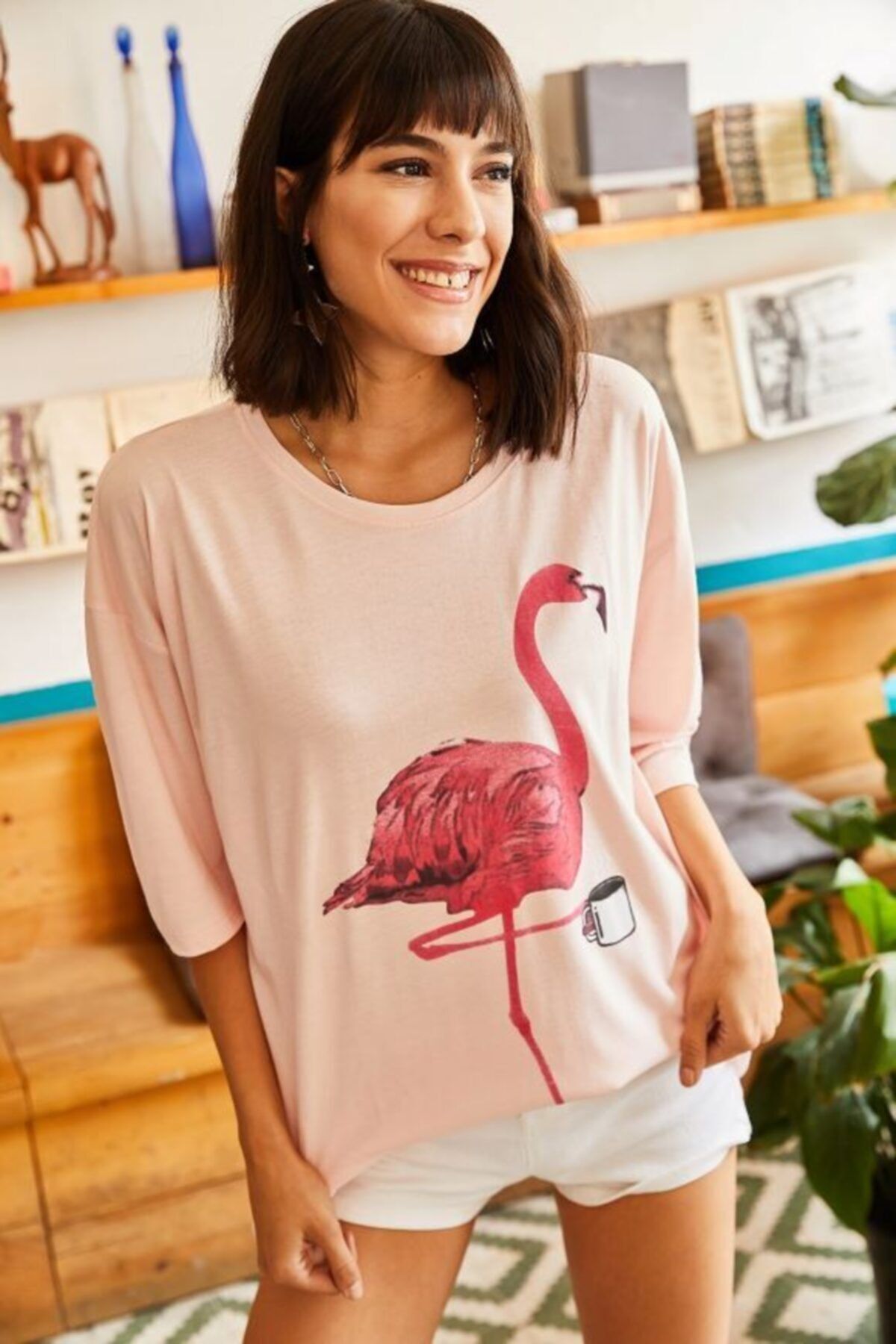 Kadın Pudra Pembe Flamingo Boyfriend T-Shirt