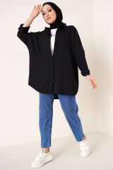 Kadın Düğmeli Salaş Bürümcük Gömlek Siyah - L/XL