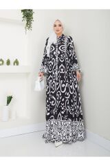 Kadın Viskon Desenli Tesettür Elbise Siyah - 2XL