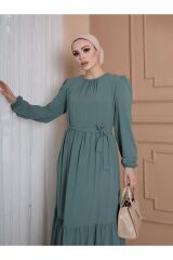 Yakası Büzgü Detaylı Ayrobin Kuşaklı Elbise Yeşil - XL