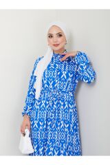 Kadın Desenli Gömlek Yaka Bel Büzgülü Tesettür Elbise Mavi - L