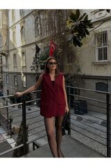 Kadın Kapaklı Astarlı Blazer Yelek Bordo - L