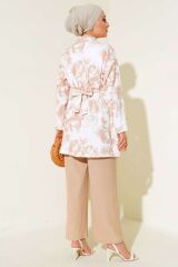 Kadın Desenli Bürümcük Kimono Takım Bej - 2XL