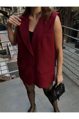 Kadın Kapaklı Astarlı Blazer Yelek Bordo - S