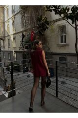 Kadın Kapaklı Astarlı Blazer Yelek Bordo - S