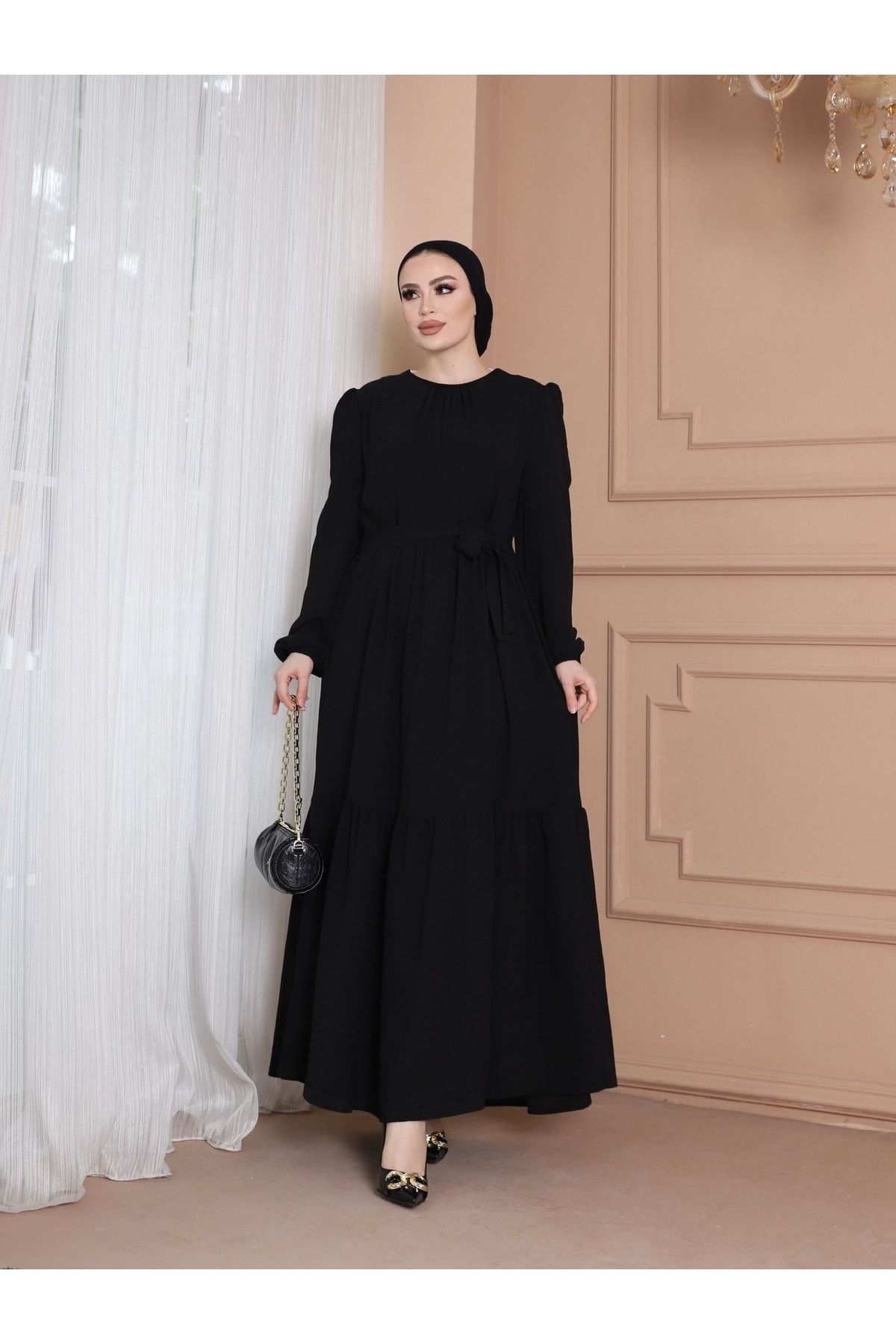 Yakası Büzgü Detaylı Ayrobin Kuşaklı Elbise Siyah - XL
