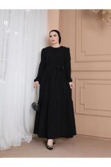 Yakası Büzgü Detaylı Ayrobin Kuşaklı Elbise Siyah - XL