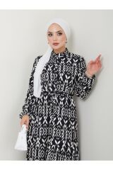 Kadın Desenli Gömlek Yaka Bel Büzgülü Tesettür Elbise Siyah - XL