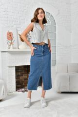 Kadın Düğmeli Düz Yırtmaçlı Kot Etek Lacivert - M