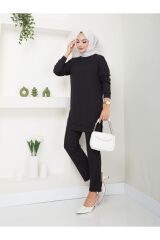 Kadın Fitilli Kumaş İkili Tesettür Takım Siyah - 2XL