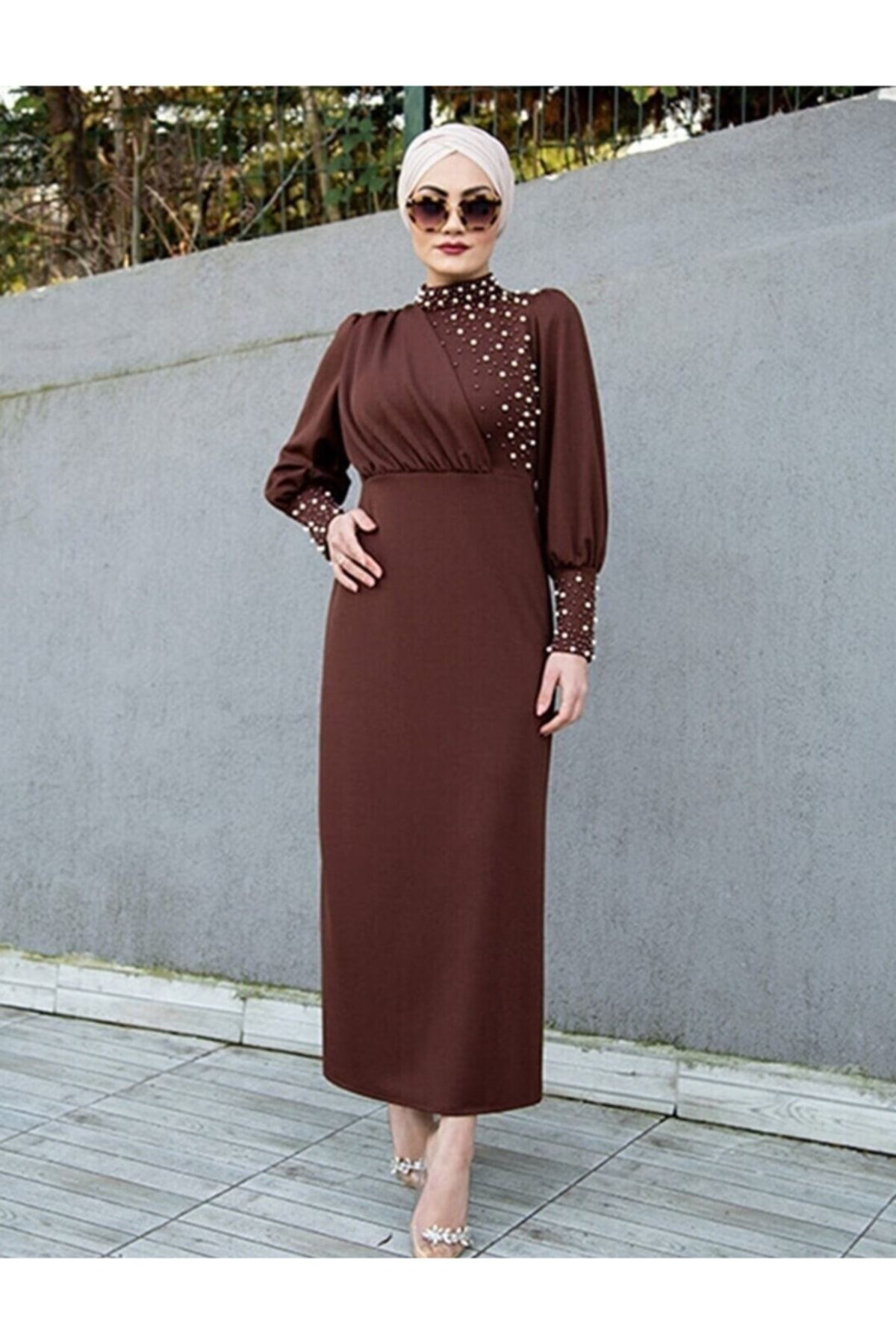 Inci Detaylı Özel Gün Elbisesi Kahverengi - 3XL