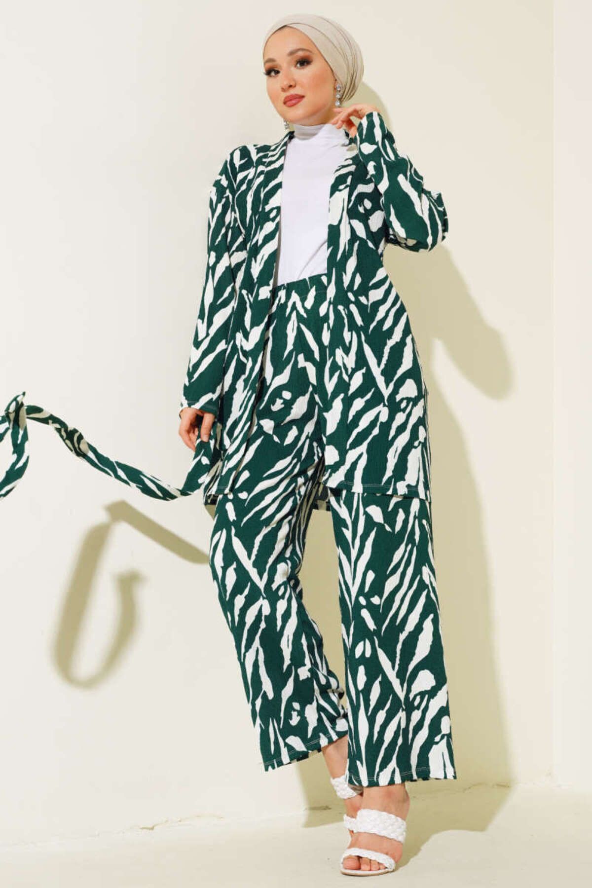 Kadın Desenli Bürümcük Kimono Takım Yeşil - L