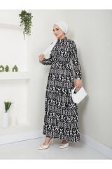 Kadın Desenli Gömlek Yaka Bel Büzgülü Tesettür Elbise Siyah - 2XL