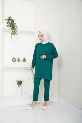 Kadın Fitilli Kumaş İkili Tesettür Takım ZÜMRÜT - L