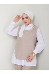 KADIN  KOLYE DETAY GÖMLEK YAKA ÇİZGİLİ ÜÇLÜ YELEKLİ TAKIM Bej - XL