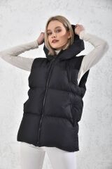 Kadın Bej Kapşonlu Dolumlu 3 Cepli Şişme Yelek Siyah - XL
