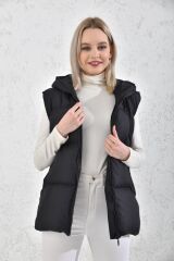Kadın Bej Kapşonlu Dolumlu 3 Cepli Şişme Yelek Siyah - XL