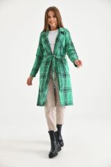 Kadın Ekose Kuşaklı Uzun Ceket Yeşil - M