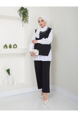 KADIN  KOLYE DETAY GÖMLEK YAKA ÇİZGİLİ ÜÇLÜ YELEKLİ TAKIM Siyah - 2XL