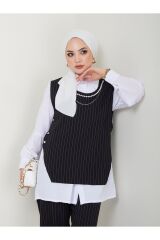 KADIN  KOLYE DETAY GÖMLEK YAKA ÇİZGİLİ ÜÇLÜ YELEKLİ TAKIM Siyah - 2XL