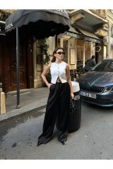 Kadın Saten Kumaş Palazzo Pantolon Siyah - L