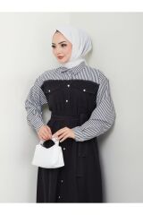 Kadın Çizgili Gömlek Detaylı Kot Elbise Siyah - 42