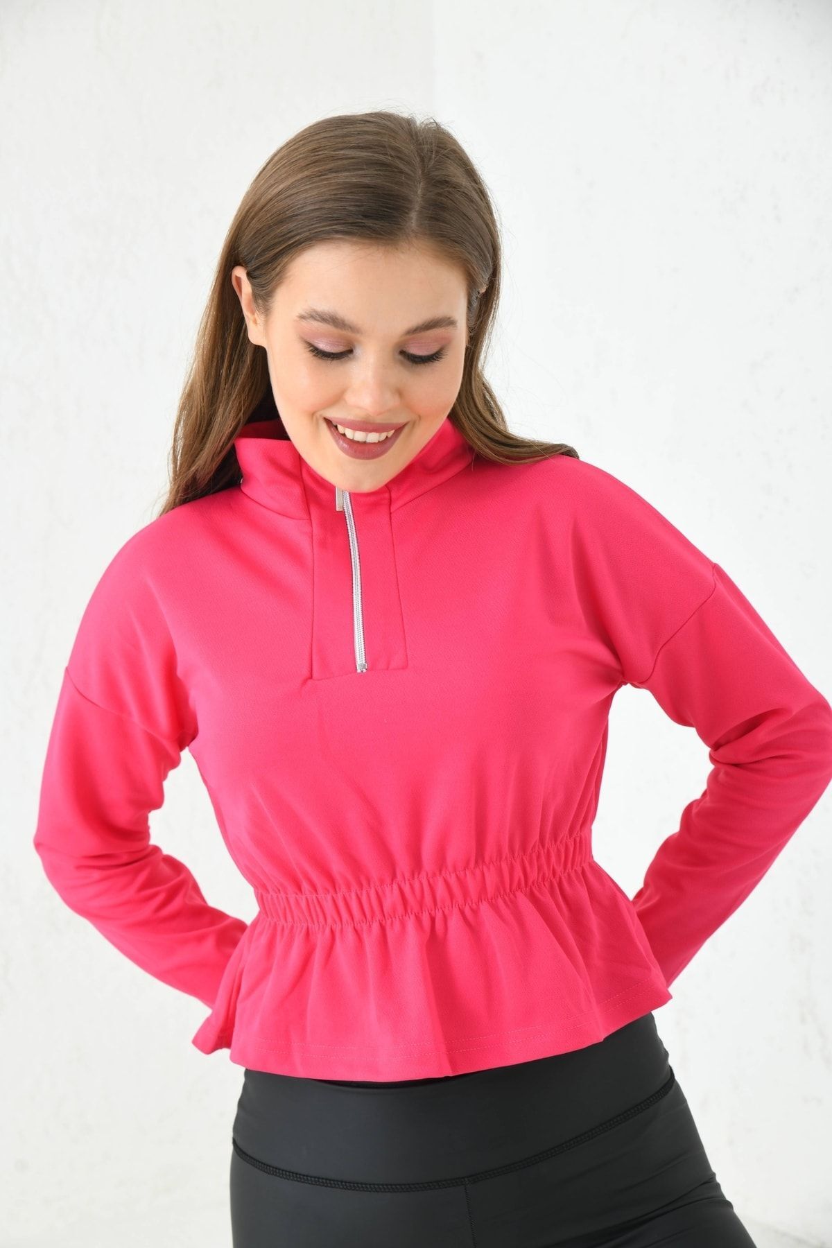 Kadın Fermuarlı Beli Büzgülü Bluz Fuşya - XL