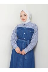 Kadın Çizgili Gömlek Detaylı Kot Elbise Lacivert - 44