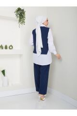 KADIN  KOLYE DETAY GÖMLEK YAKA ÇİZGİLİ ÜÇLÜ YELEKLİ TAKIM Lacivert - 2XL
